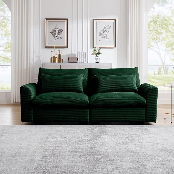 Oversized Modular Sectional Sofa 86 Inch Loveseat Sofa Corduroy Deep Seat Comfy Couch with Waist Pillow for Living Room Apartment Green