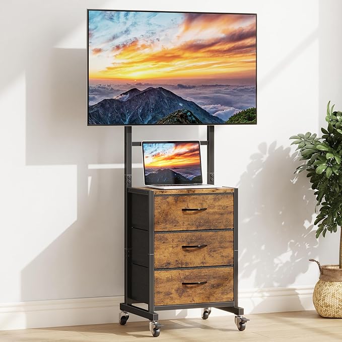 GYIIYUO Rolling TV Stand with 3 Storage Fabric Drawers/Mount/Wheels Small Mobile TV Stand for 32-55 inch TVs Corner TV Cart for BedroomOfficeLiving Room(Rustic Brown)