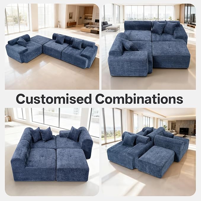 118 Cloud Sectional Couch for Living Room L-Shaped Modern Modular Sectional Sofa Boneless 4-Seater Lounge Couch with Deep Seat and Movable Ottoman No Assembly Blue