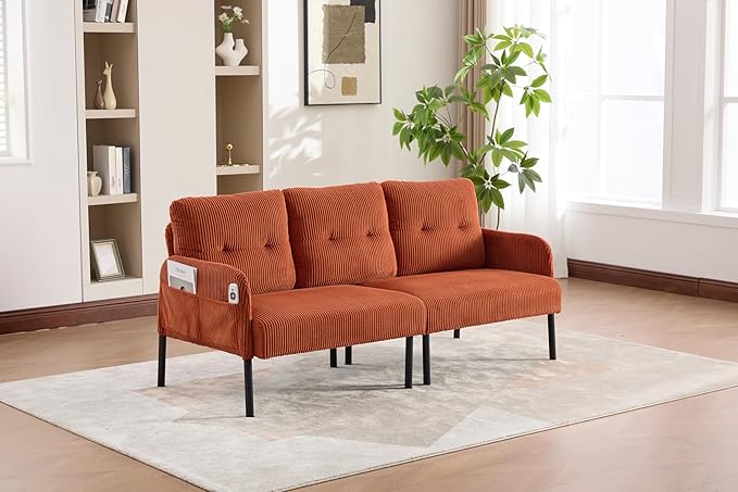 KEIKI 67 Corduroy Loveseat Sofa with Double Side Pockets &amp High Resilience Cushion Modern Style Upholstery Oversized 2-Seater Couch with Metal Legs Easy Assembly for Living Room Orange