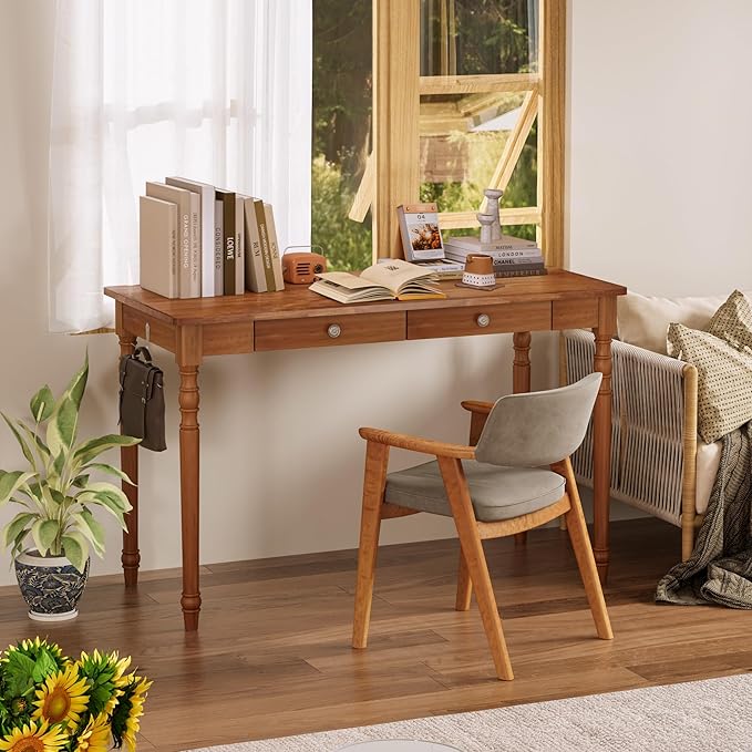 47 x 22 Inch Wooden Desk with Drawers -Simple Mid Century Modern Desk with 2 Hooks Solid Rubber Wood Study Table for Living Room Bedroom &amp Home Office Walnut Color