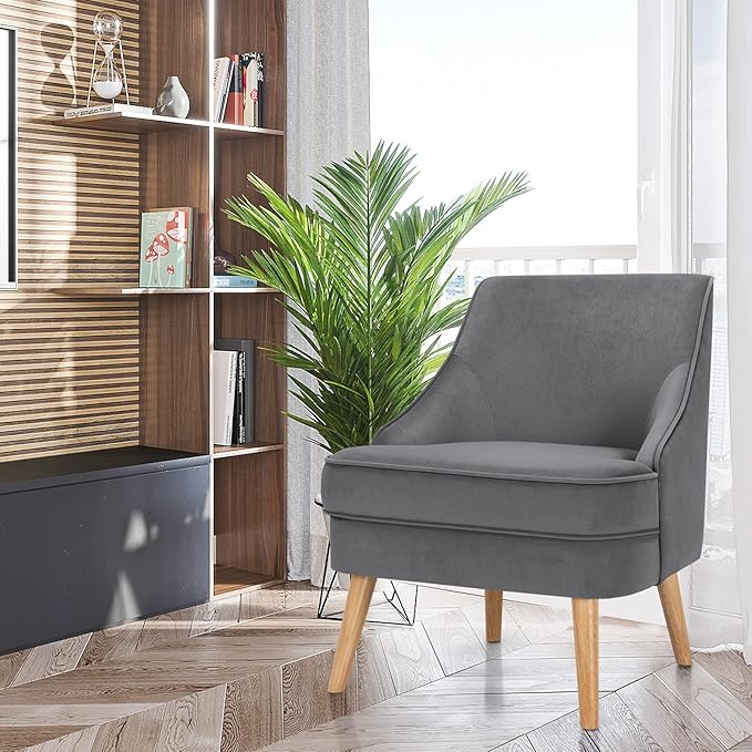 Giantex Velvet Accent Chair Mid Century Single Sofa Chair w/Rubber Wood Legs Comfy Slipper Chair Upholstered Armless Leisure Side Chair for Living Room Bedroom Meeting Room Grey