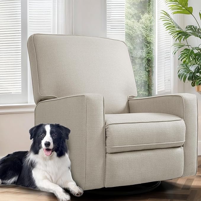 Swivel Rocker Recliner Chair for Adults High Back Fabric Recliner with Deep Seat Manual Glider for Living Room &amp Nursery Beige