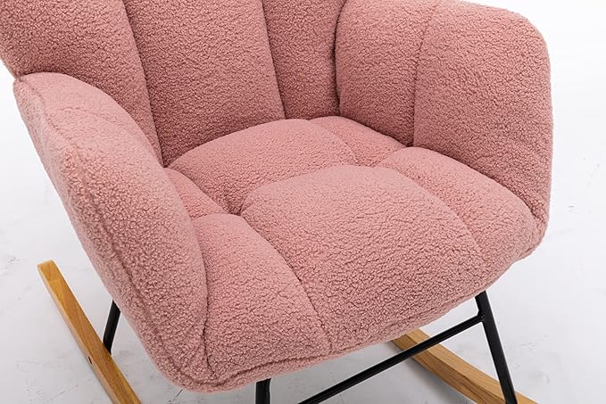 Mid Century Modern Teddy Fabric Tufted Upholstered Rocking Chair Padded Seat for Living Room BedroomPink