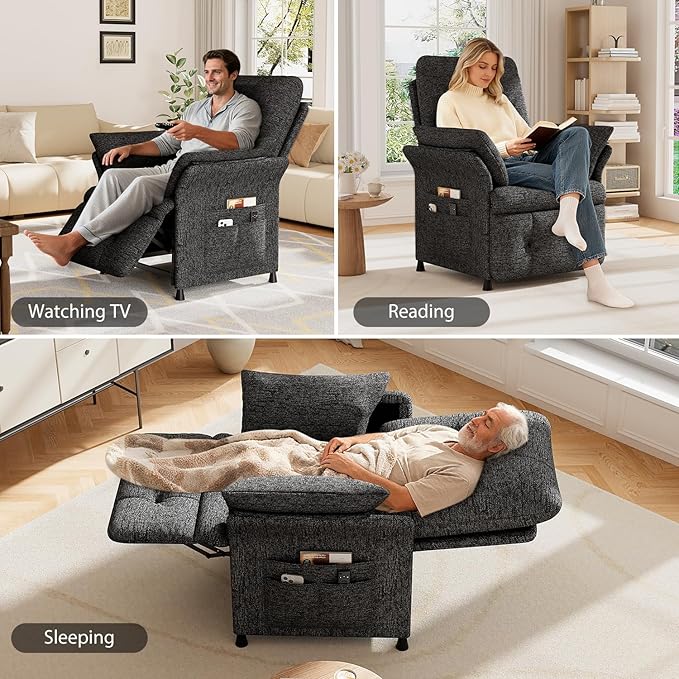 Power Recliner Chair for Adults with Heat &amp Massage - Linen Electric Reclining Sofa with Remote Control 3 Side Pockets 180° Lay Flat Sleeper for Living Room Home Theater Dark Grey