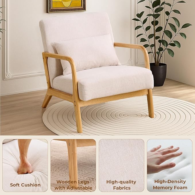 Joysoul Modern Accent Chair - Mid Century Modern Armchair with Waist Cushion &amp Solid Wood Frame Upholstered Lounge Chair for Living Room Bedroom Office(Cream)
