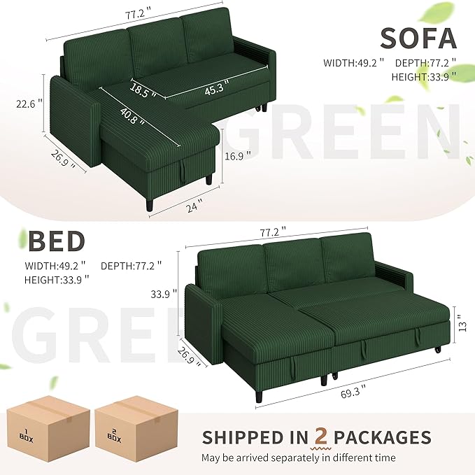 Walsunny Sectional Sofa Couch L Shaped Sleeper Sofa Bed Pull Out Bed with Storage Reversible Sectional Couches for Living Room Apartment Office(Green)
