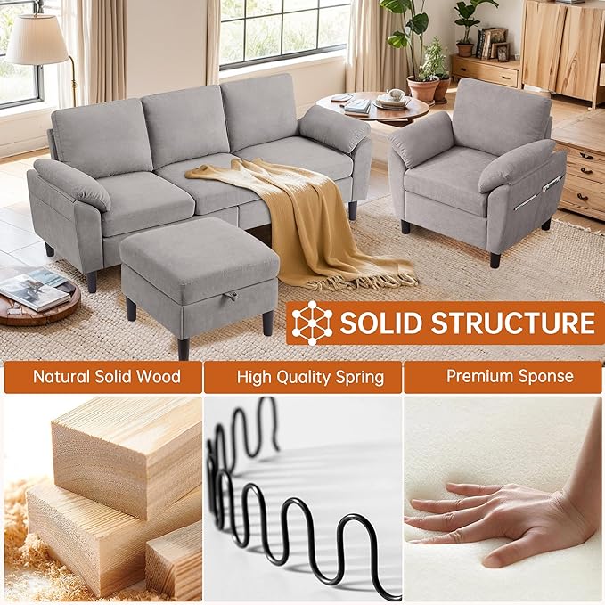 Sectional Sofa Set 2 Pieces 3 Seat L Shape Couch with Ottoman and Accent Chair Sofa Set Polyester Fabric for Living Room Light Grey