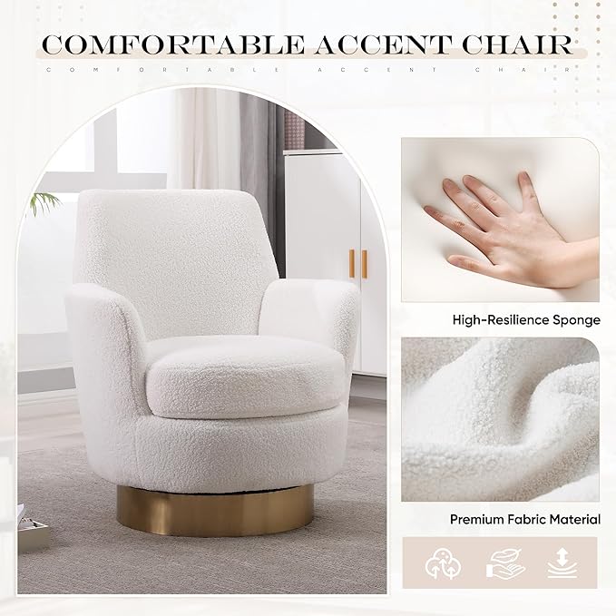 SLEERWAY 360° Swivel Barrel Chair Set of 2 28.3 Modern Teddy Round Accent Chair Comfy Upholstered Small Armchair with Gold Metal Base for Living Room Bedroom Nursery Office Sillas para Sala Ivory