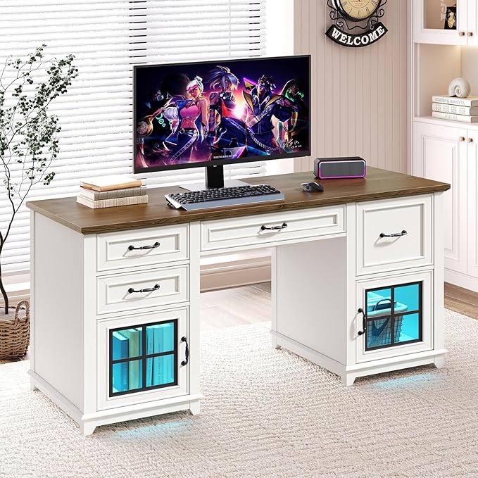 58 Executive Desk Farmhouse Computer Desk with Drawers and File Cabinet LED Light Wooden Home Office Desk with Charging Station Workspace for Study Writing White and Walnut
