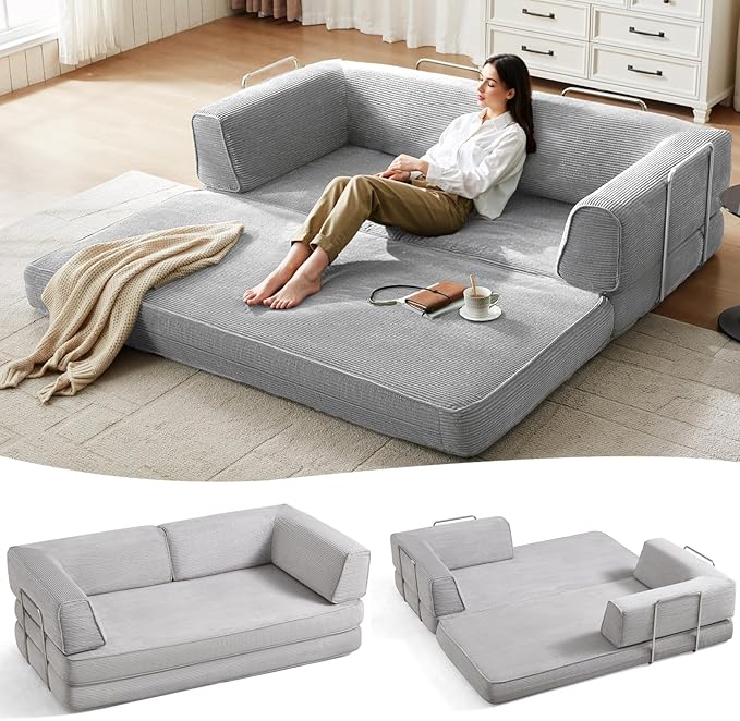 LINSY HOME 79'' Convertible Sofa Bed - Sleeper Sofa Compression Folding Loveseat Sleeper - Foldable Corduroy Couch Bed for Living Room Bedroom - Modular Sectional Compressed Sofa in Box Grey