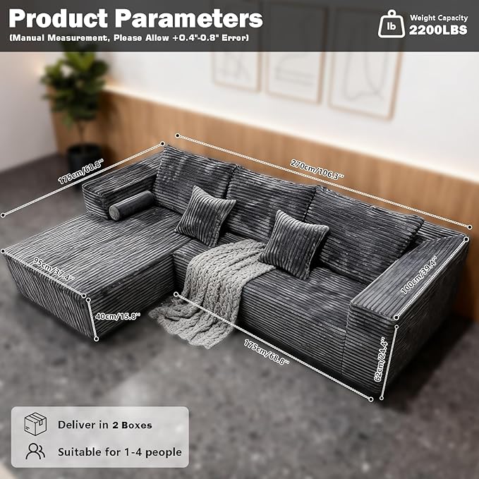 106 Modular Cloud Sectional CouchL-Shaped Couch No Assembly Required for Living Room and Bedroom Left/Gray