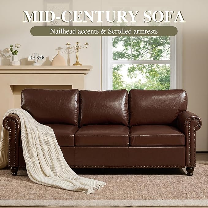 79” Leather Sofa Couch with Storage Mid Century Modern Rolled Arm Couches for Living Room Furniture Nailhead Trim Dark Brown