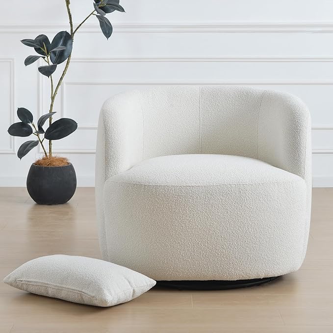 KINWELL 34 Wide Sherpa Swivel Barrel Chair No Assembly Round Boucle Upholstered Accent Chair Armchair Single Sofa Chair with Toss Pillow for Living Room and Bedroom Beige