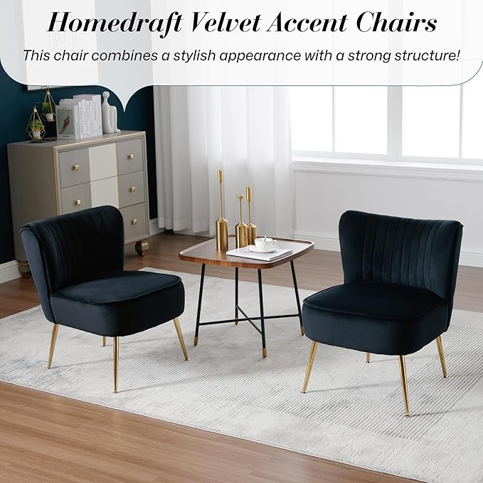 Velvet Accent Chair Set of 4 Comfy Upholstered Side Chair with Gold Metal Legs and Padded Seat Modern Small Corner Armless Living Room Chairs with Wing Back Black
