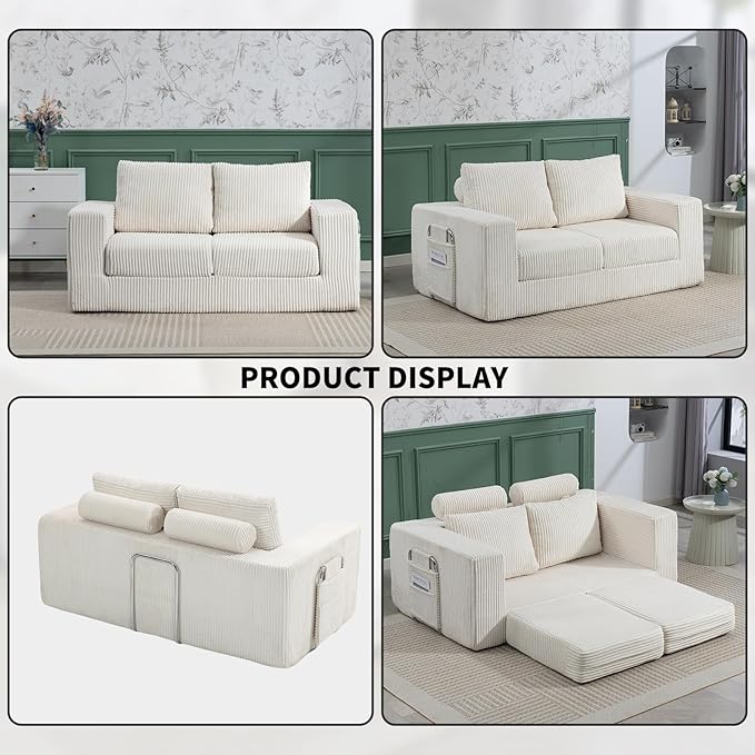J.C.UP 69'' Convertible Sofa Bed Pull Out Loveseat Sleeper Sofa 2 Seater Boneless Folding Sofa Bed Floor Couch with Deep Seat Chaise Lounge for Living Room Bedroom No Assembly Required Beige