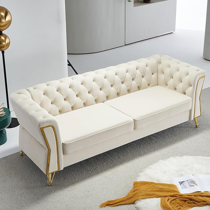 87.4 Velvet Sofa Couch Mid-Century Modern Chesterfield Loveseat Classic Button Tufted 2 Seater Couch with Golden Legs for Living Room Office Bedroom (Beige)