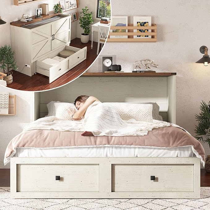 AMERLIFE Queen Murphy Bed with Storage &amp Charging Station Farmhouse Murphy Cabinet with Foldable Panel Noisy Free for Guest Bedroom Living Room Office Distressed White