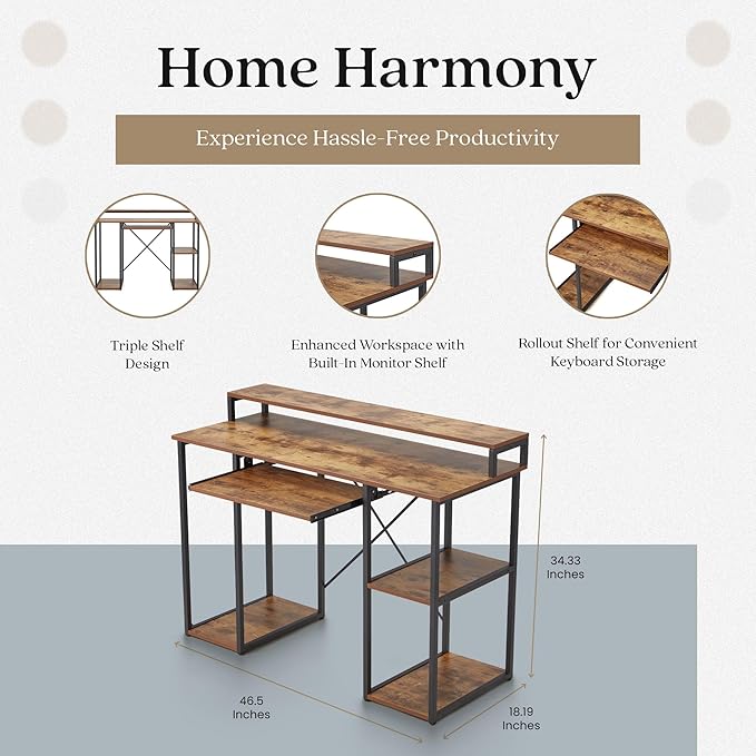 JOMEED Modern 46.5 Inch Computer Desk with Monitor Stand and Storage Shelves for Home Office Spaces Bedrooms or Student Dorms Brown/Black