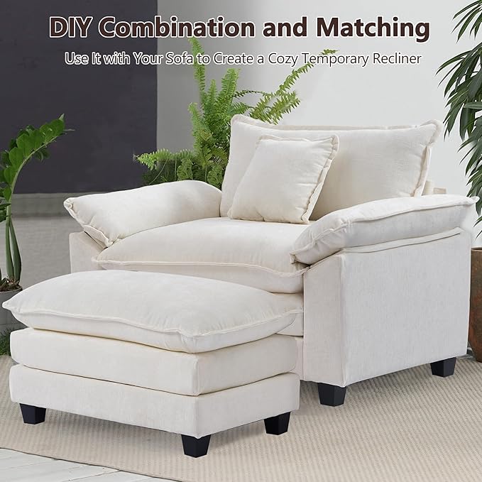SweetGO corporation 45 Chenille Lounge Chair for Reading Modern Couch Cozy Sofa Bed Upholstered Living Room Single Sofa Accent Chair with Ottoman Beige