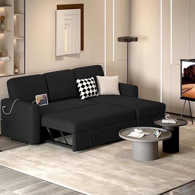 Yaheetech Sectional Sofa L-Shaped Sofa Couch Bed w/Chaise &amp USB Reversible Couch Sleeper w/Pull Out Bed &amp Storage Space Living Room Black