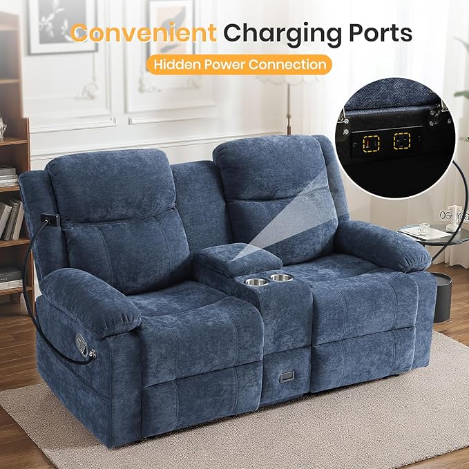 Loveseat Recliner Sofa Reclining Loveseat with Console RV Wall Hugger Double Loveseat Recliner Couch for Living Room &amp Home Theater (Blue)