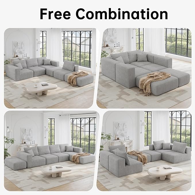 CUGOAO 152'' Modern Boneless Couch Oversized 2-in-1 Modular Sectional Sofa Bed Extra Deep Seat Upholstery Cloud Couch Boneless Couches for Living Room No Assembly Required Grey Chenille