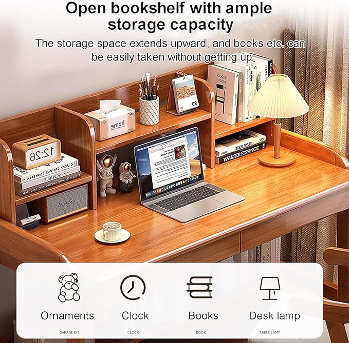 Solid Wood Writing Desk Mid-Century Modern Computer Desk with Hutch and 2 Drawers Simple Study Table for Home Office Workstation with Open Storage Shelf