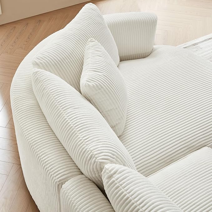 KEVINSPACE 122.04 Curved Sofa Modern Curved Couch Living Room Modular Sectional Sofa Set 4 Seat Sofa Mid Century Upholstered Couch Corduroy Fabric Sofa for Bedroom Apartment Right Hand Facing White
