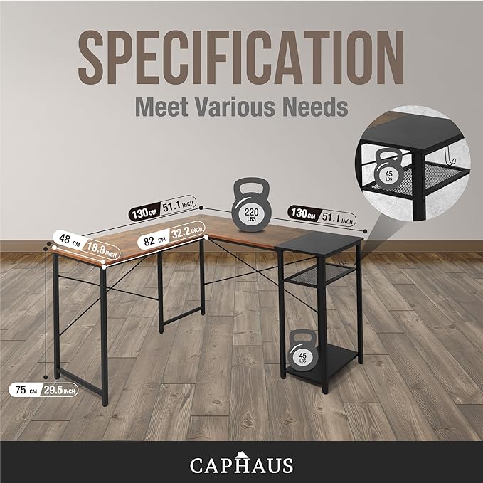 CAPHAUS 51 Inch L-Shaped Desk with 2-Tier Shelves &amp 220lbs Capacity - Home Office/Gaming/Study Corner Workstation Easy Assembly P2 Board Headphone Hook Industrial Design Rustic Oak and Black