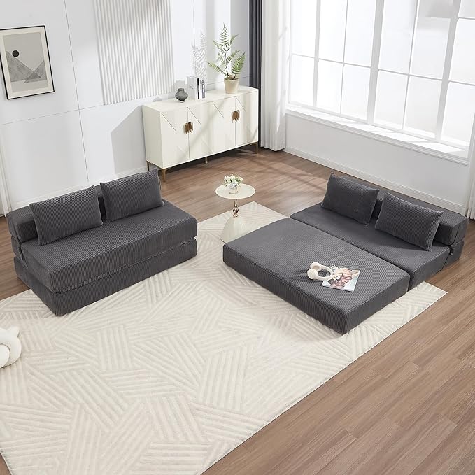 Folding Sofa Bed Full Size Modern Corduroy Floor Boneless Loveseat Couch Bed with 2 Pillows Comfy 3 in 1 Convertible Sleeper Sofa for Living Room Apartment Dorm Small Space Grey
