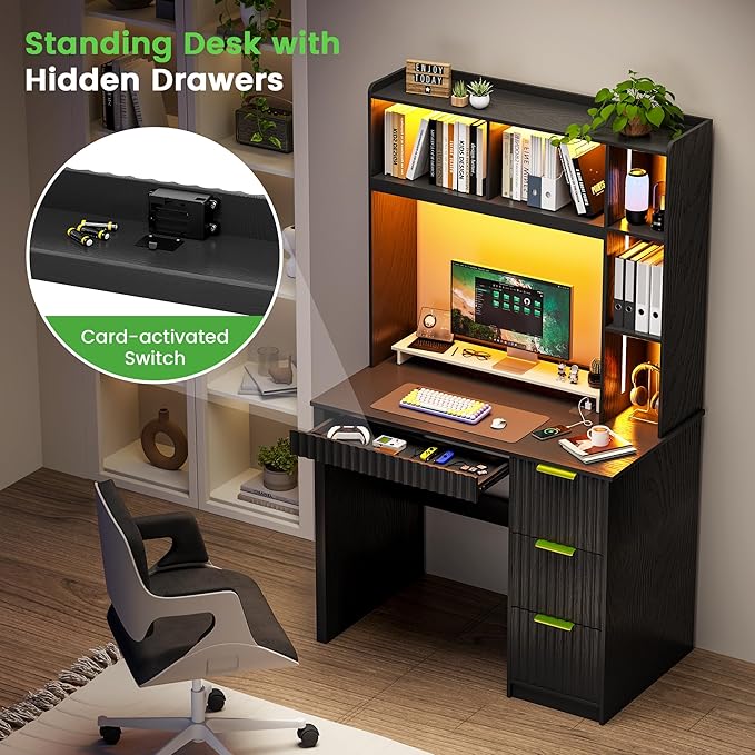 HNEBC Home Office Desk with Hutch and Drawers - 39 Standing Computer Desk with Charging Station&amp3 Color LightsHidden Compartment &amp Fluted Panel Design LED Writing Desk for Bedroom Study (B