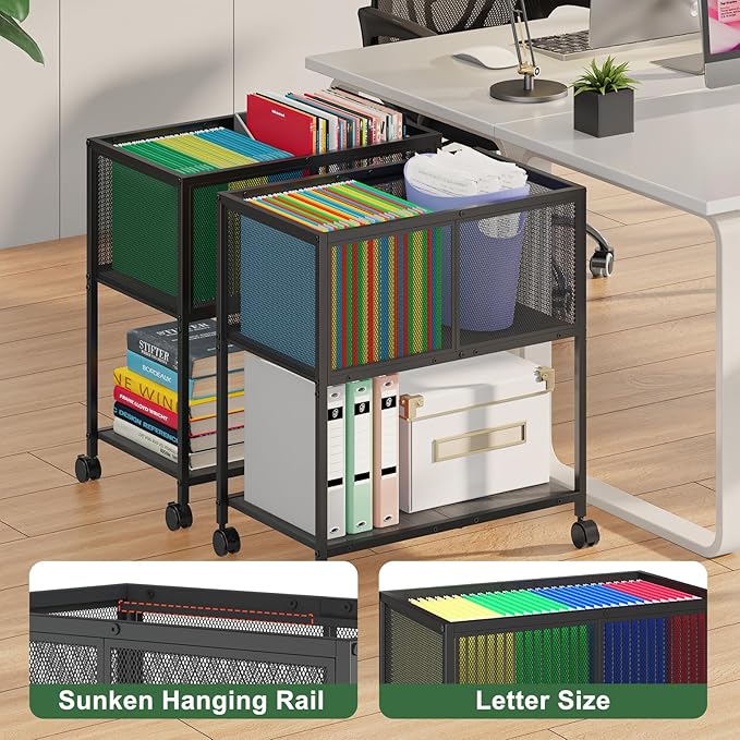 Rolling File Cart Mobile File Cabinet with Wheels Hanging Files Metal Hanging File Folder Cart File Organizer Fit Letter Size for Home Office Black
