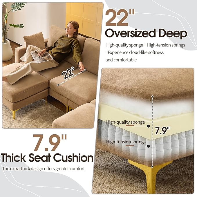 VINGLI 100 W U Shaped Couch with Ottoman 22 Deep Seat Comfortable Sectional Couches for Living Room 3 Seater Chenille Fabric Cloud Sofa for Apartment Small Spaces Bedroom Khaki