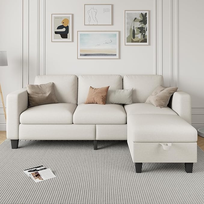 Sectional Sofa Couches for Living Room - L Shaped Cloud Couch-Small Modular 3 Seat-Comfy Linen with Storage Deep Seat SofaWashable Covers-Suitable for Living Room-Apartment-Office-Beige