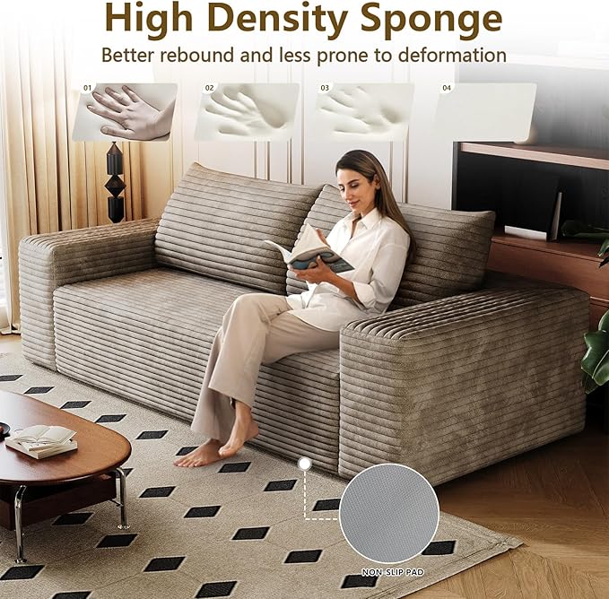 63 Boneless Loveseat Sofa - Cloud Couch with Memory Foam Comfy Deep Seat - Corduroy Floor Sofa No Assembly Required - Small Space Friendly for Living Room Bedroom Apartment Camel