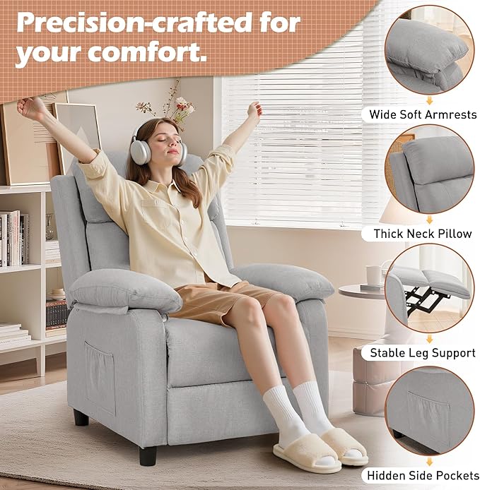 Recliner Chair Living Room Chairs for Adults Padded Deep Seat Reading Chair with Side Pockets Small Recliners for Small Spaces Lounge Chair for Living Room Bedroom and RV (Linen)