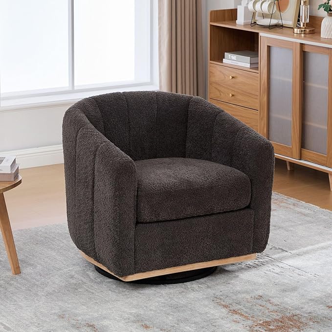 32 W Swivel Barrel Chair Boucle Chenille Accent Chair Upholstered Tufted Club Armchair Single Sofa Chairs with Metal Base for Living Room Family Room Bedroom Lounge Area Office (Charcoal)