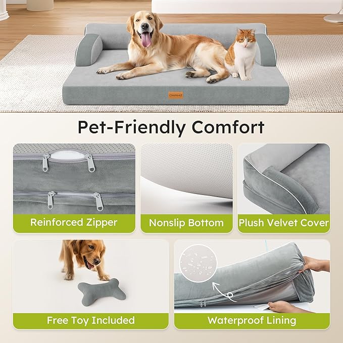 XL Orthopedic Dog Bed Extra Large Dog Bed Dual-Sided Pet Cooling Beds with Memory Foam Washable Cover Nonslip Bottom Waterproof XLarge Pet Couch Beds with Bolsters Light Grey