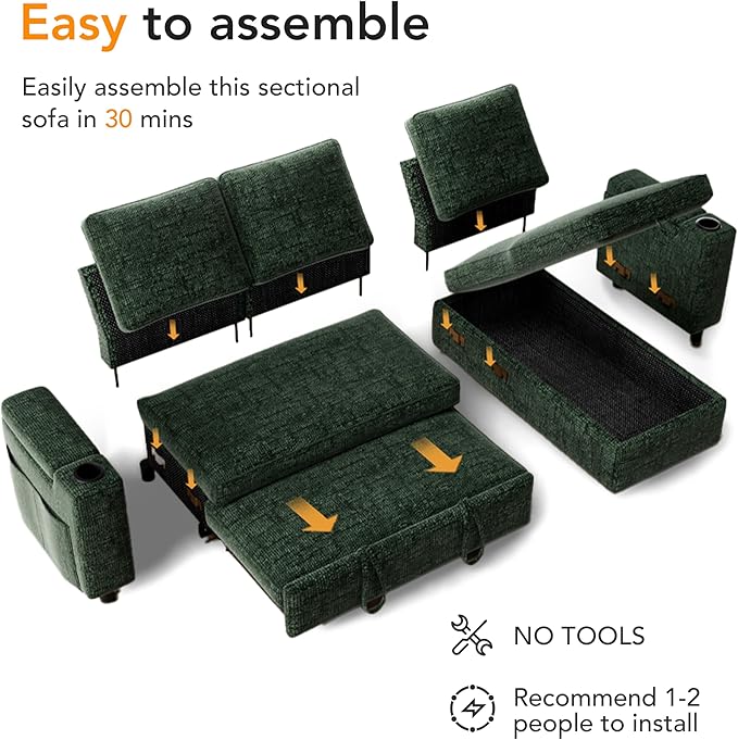 Sunny Heart L-Shaped Sleeper Sofa with Pull Out Bed 82 Sectional Couch with Reclining Backrest Reversible Storage Chaise Armrest Storage Cup Holders Side Pockets Tool-Free Assembly Green
