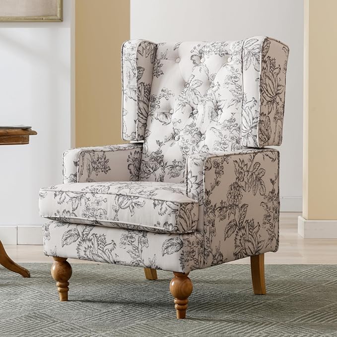 LukeAlon Button Tufted Linen Accent Chair Upholstered Club Chair with Wooden Legs Vintage High Wingback Reading Chair Comfy Armchair with Pocket for Living Room Bedroom Floral Beige