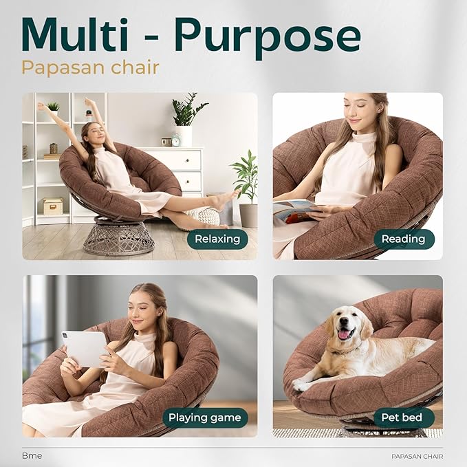 Bme 40 Ergonomic Wicker Papasan Chair with Soft Thick Cushion &amp Frame 360° Swivel Circle Reading Comfy Chair for Living Room Bedroom