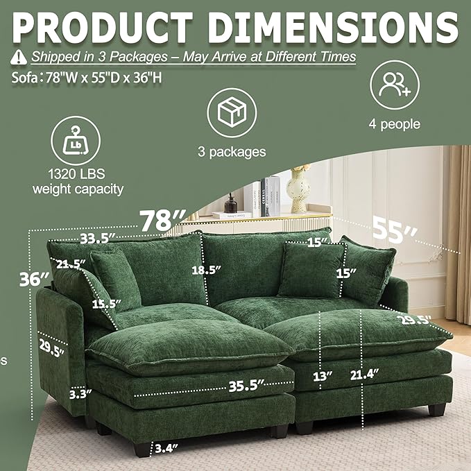 78 Modular Sectional Sofa Cloud Couch Loveseat Sofa with 2 Movable Ottoman Comfy Chenille Deep Seat Sofa with Throw Pillows 4 Seat Modern Couches for Living Room Bedroom and Apartment Green