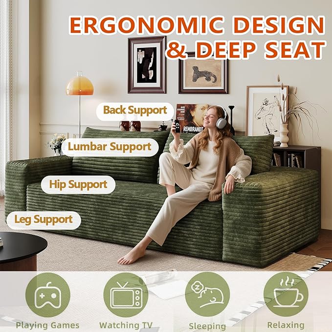 63 Cloud Loveseat Sofa - Boneless Deep Seat 2-Seater No Assembly Foam Floor Couch Plush Corduroy Fabric Modern Living Room Sofa for Small Space Apartment Bedroom Office (Green) | Boneless Sofa