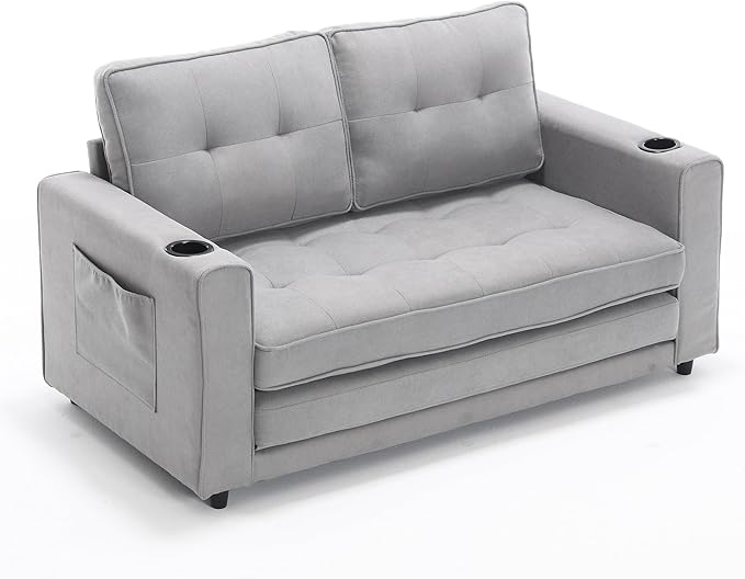 ERYE Foldable Loveseat Sofa Convertible Pull Out Sleeper Sofabed2 Seat Tufted Upholstered Sofa Modern Convertible Sleeper Couch Bed with Cupholders and Side Pockets
