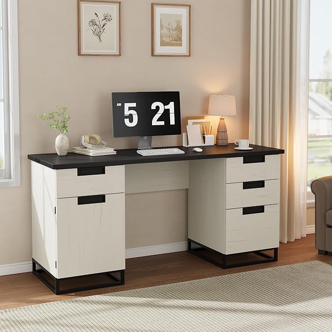 IDEALHOUSE Farmhouse Executive Desk 59 Computer Desk White Home Office Desks with File Drawer and Storage Cabinet Wood Writing Desks for Home Office Bedroom White+Black