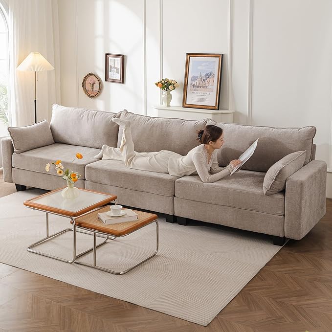 135'' Modular Sectional Couch with All Seats StorageOversized 3-Seater Comfy Sofa with 7.8'' Upholstered CushionBig Couches with Throw Pillows for Living RoomBedroomChenilleKhaki