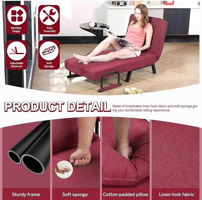 Folding Sofa Bed Sleeper Chair3-in-1 Single Convertible Sofa with Adjustable BackrestLazy Bed Leisure Recliner with PillowTri-fold Upholstered Armchair (Red Standard)