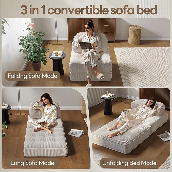Dowinx Folding Sofa Bed with Pillow Convertible Comfy Couch Bed for Adults Home Lounge and Gaming Modern Comfortable Design for Apartment Living Room Bedroom Single Ribbed Velvet White