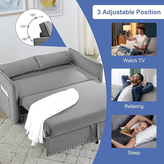 Pull Out Couch with USB Port Loveseat Sleeper Sofa Bed Nailhead Trim Design with 2 Pillows &amp Side Storage Pockets 3 in 1 Velvet Sofa Adjustable Backrest Resilient Sponge Cushions Grey